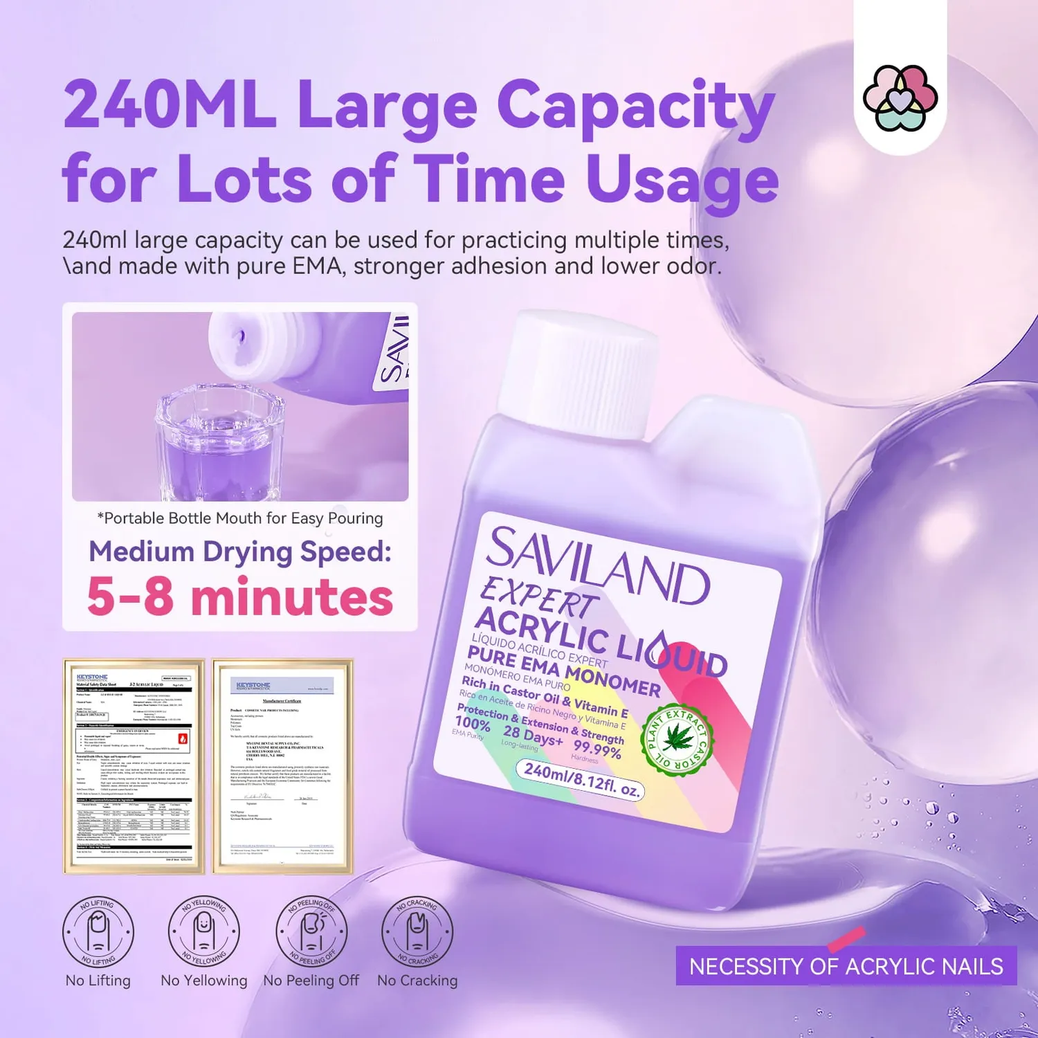 Saviland EMA Liquido Acrilico Unghie 240ml Kit Pennelli e Forme