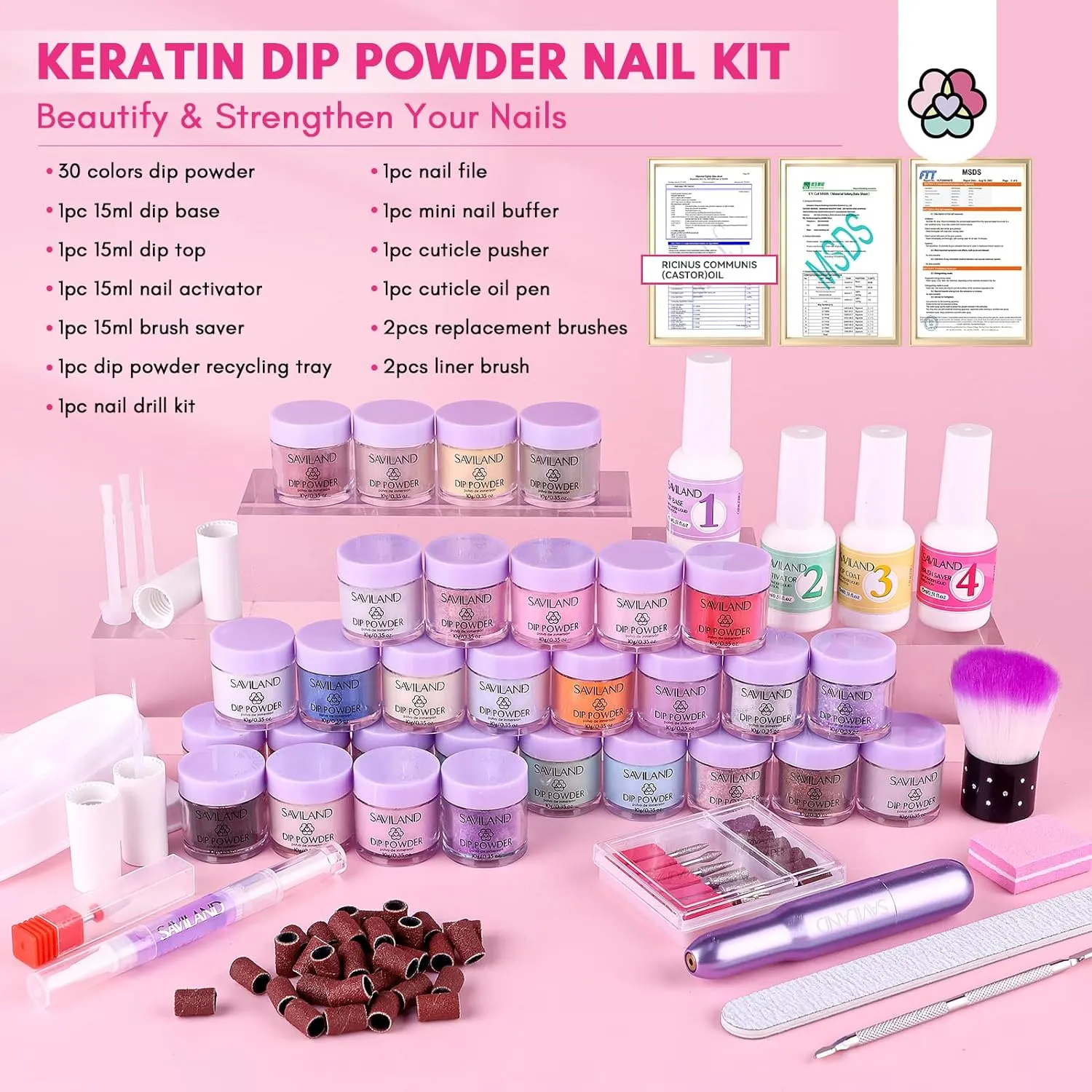 Saviland Kit Dip Powder 30 Colori con Fresa e Liquidi