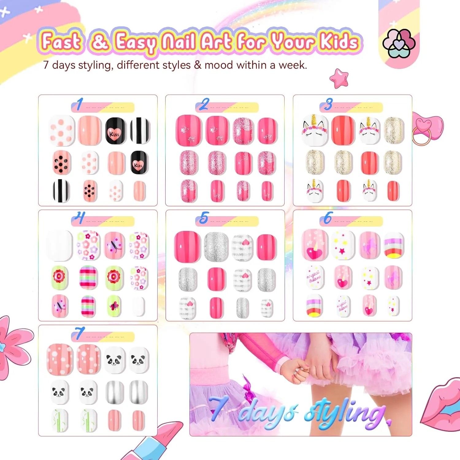Saviland Press On Nails Bambina 168pz Fantasie Colorate Riutilizzabili