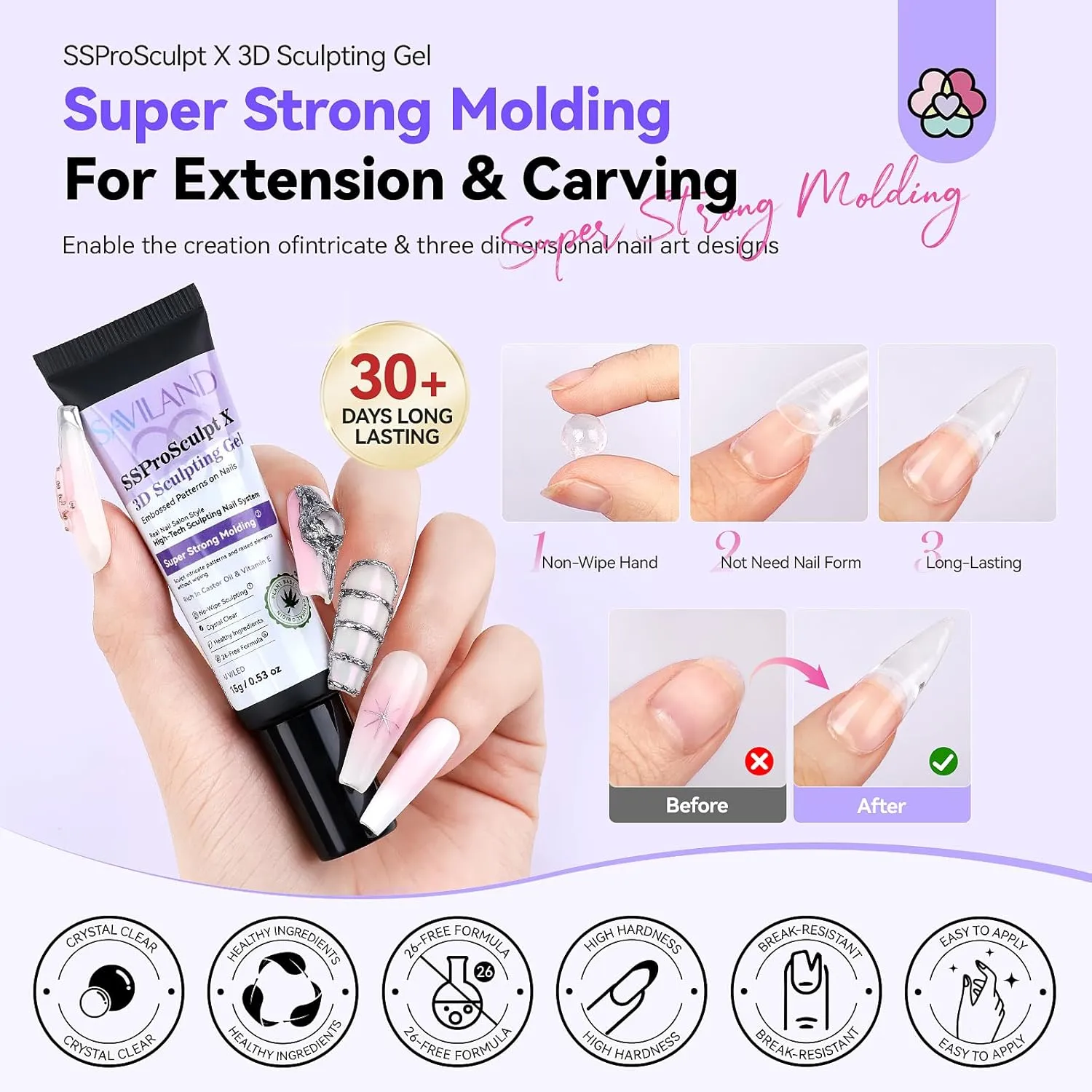 Saviland Kit Gel 3D Unghie Trasparente con Polveri Chrome