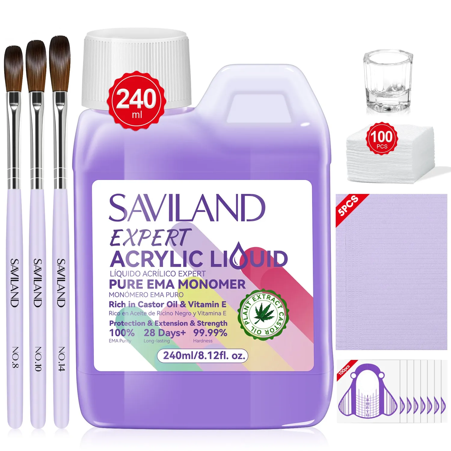 Saviland EMA Liquido Acrilico Unghie 240ml Kit Pennelli e Forme