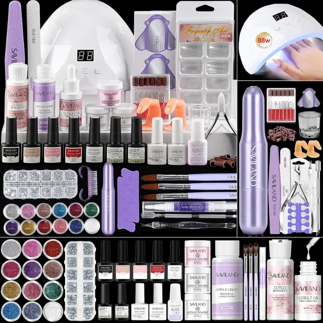 Saviland kit unghie acriliche con lampada fresa 3 polveri