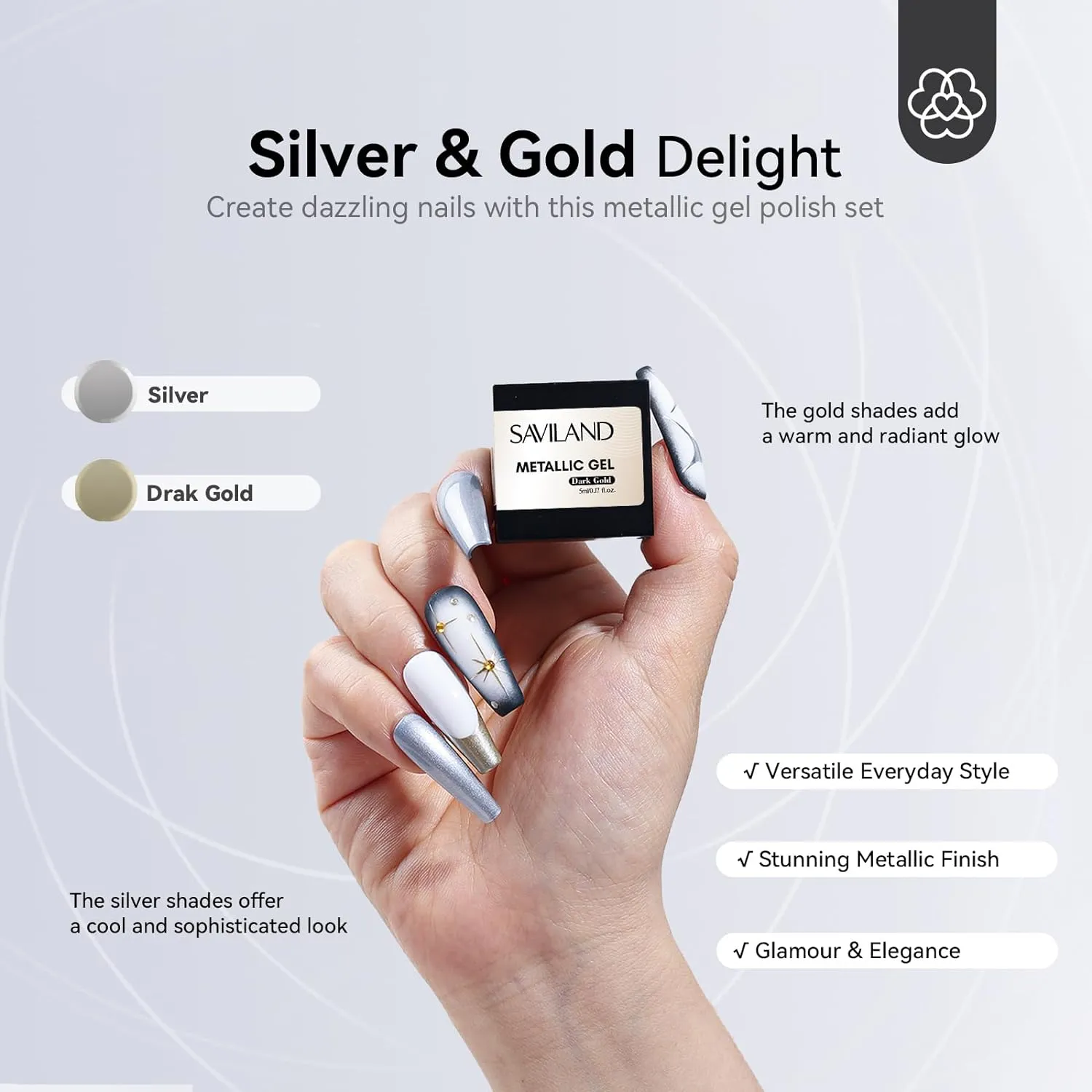 Saviland Smalto Gel Cromo Oro Argento Set 2x5g Metallizzato