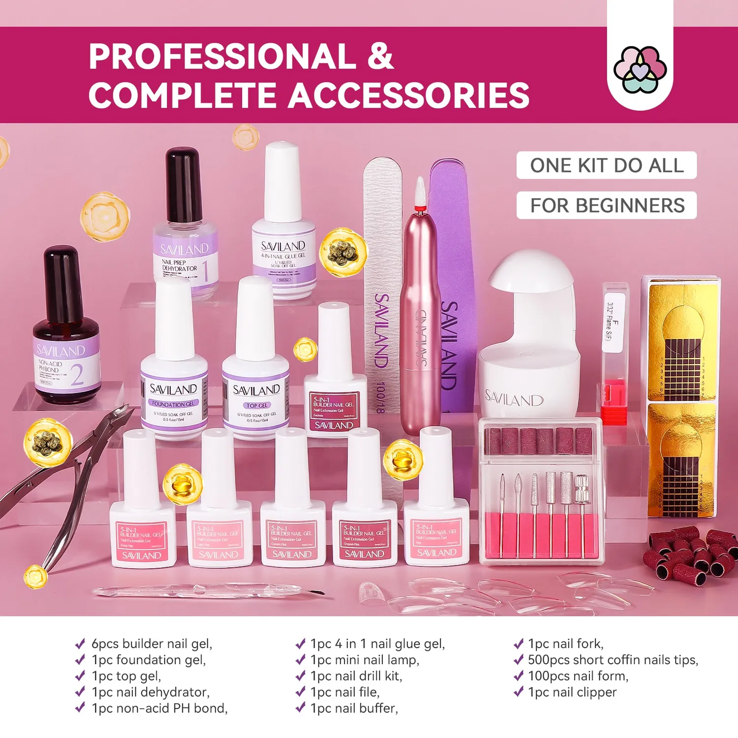 Saviland Builder Gel kit ricostruzione rosa con fresa completo