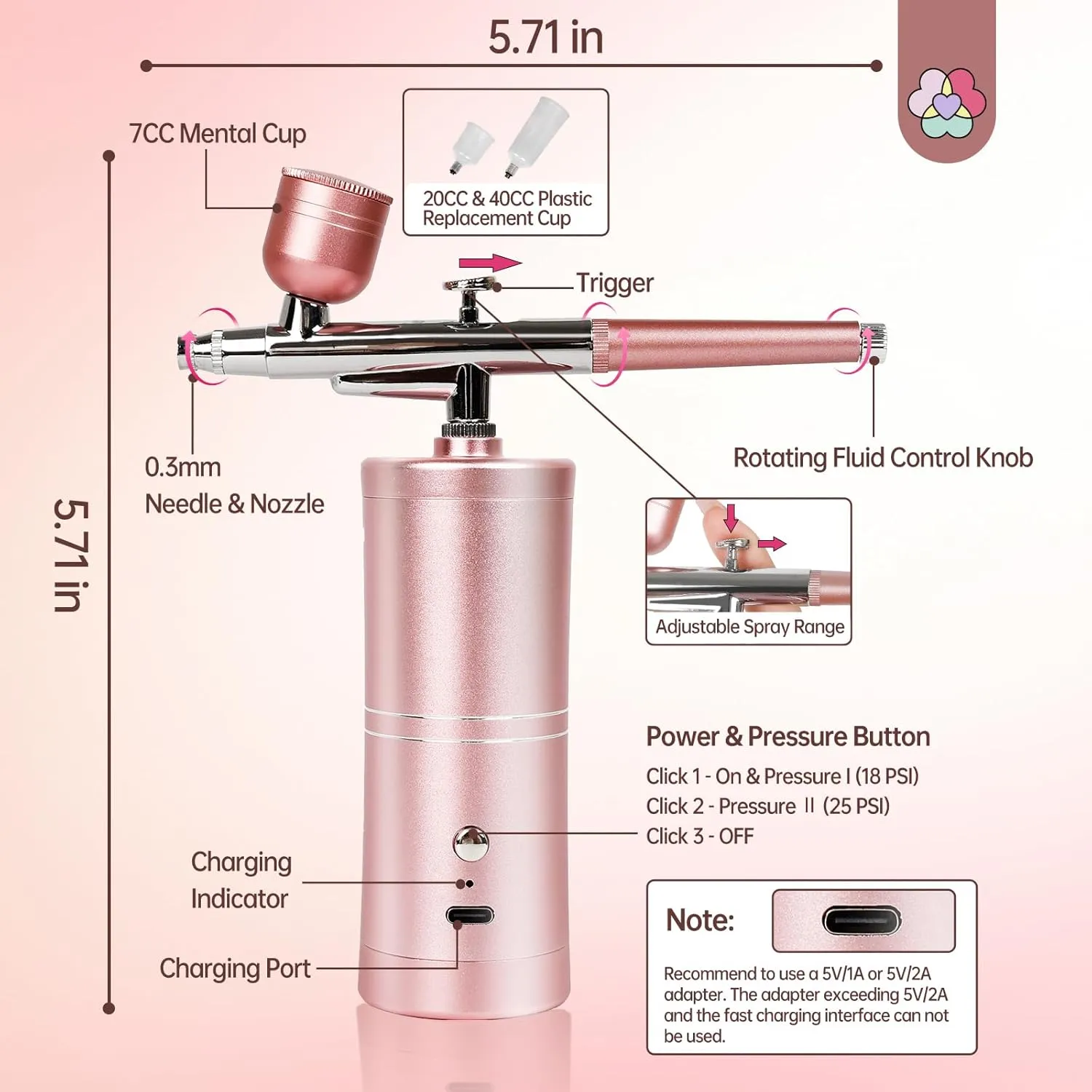 Saviland Kit aerografo unghie rosa cordless ugello 0,3mm