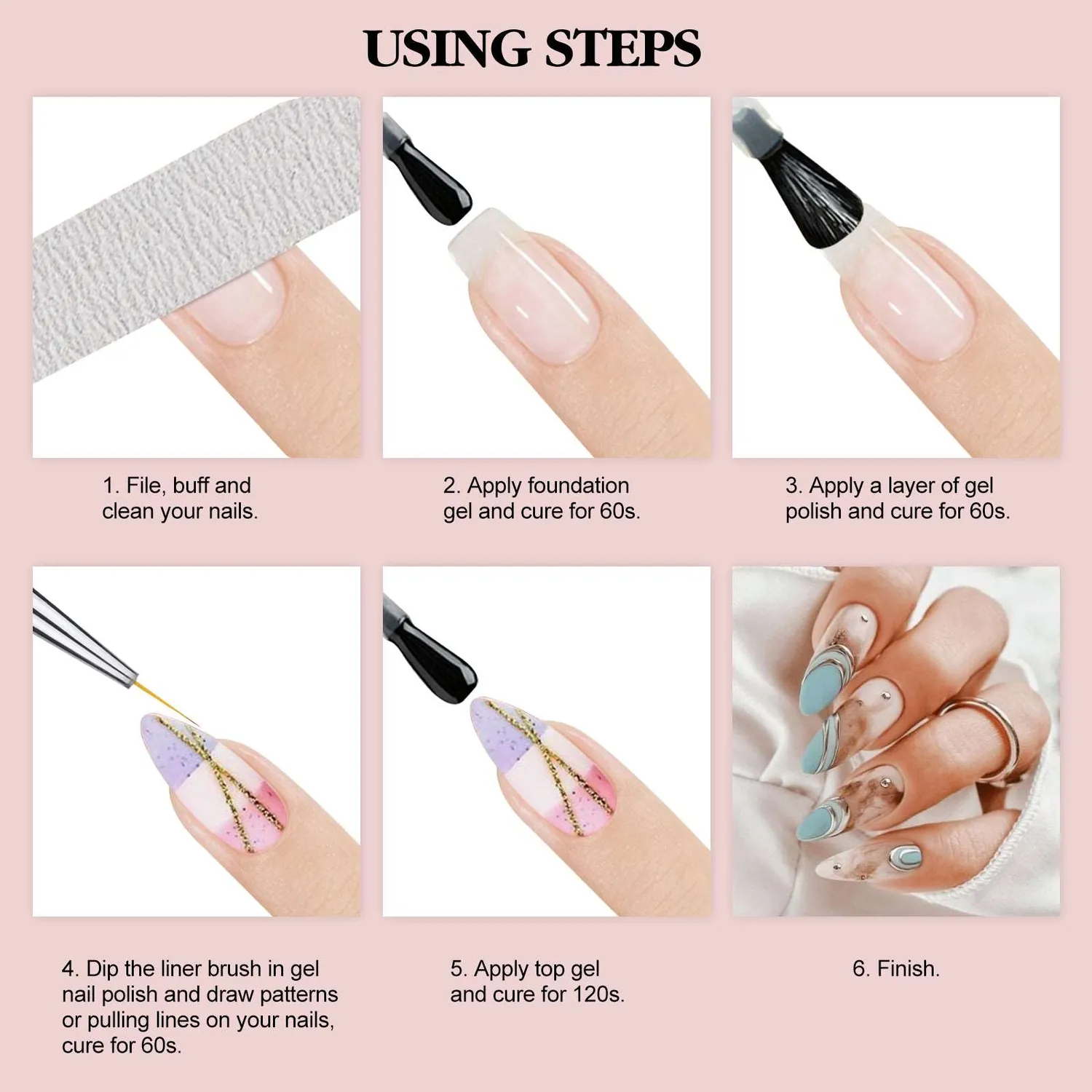 Saviland Set 6 Pennelli Nail Art Liner Rosa applicazione precisa