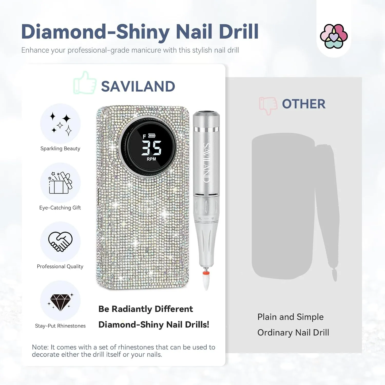 Saviland Rhinestone Fresa per Unghie 35000RPM con strass