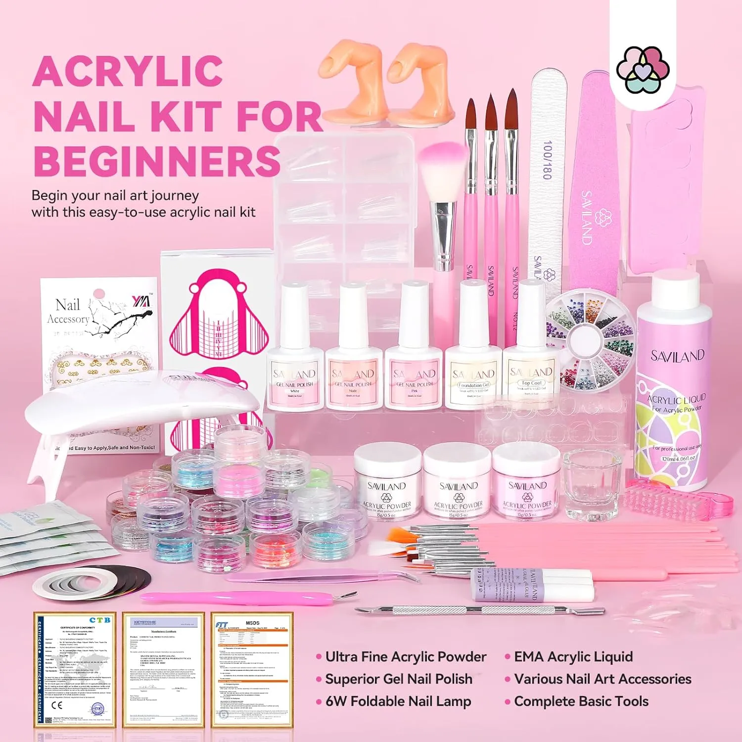 Saviland Complete kit unghie acriliche con lampada e gel