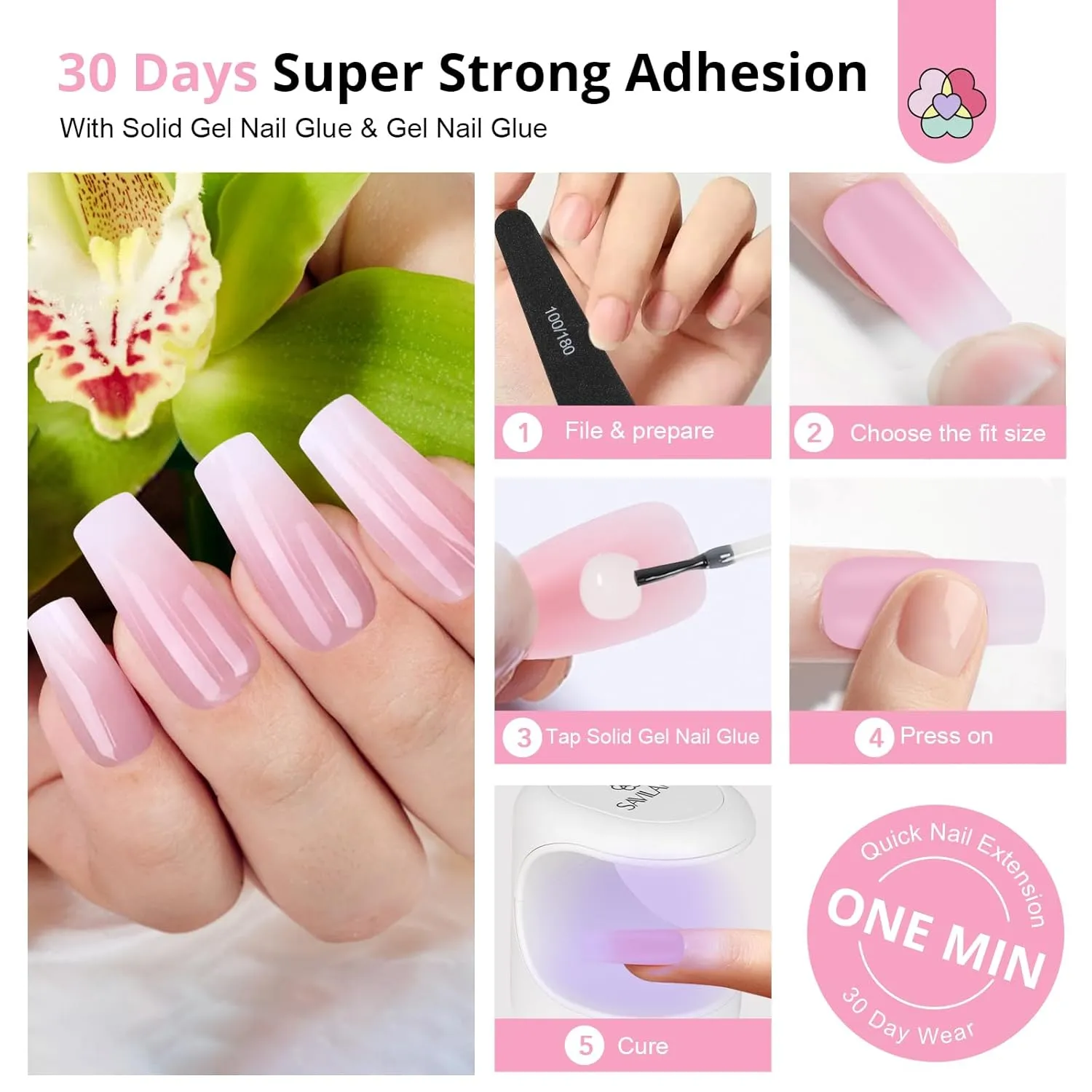 Saviland SSProTip French Ombre kit unghie press on rosa 256 pezzi