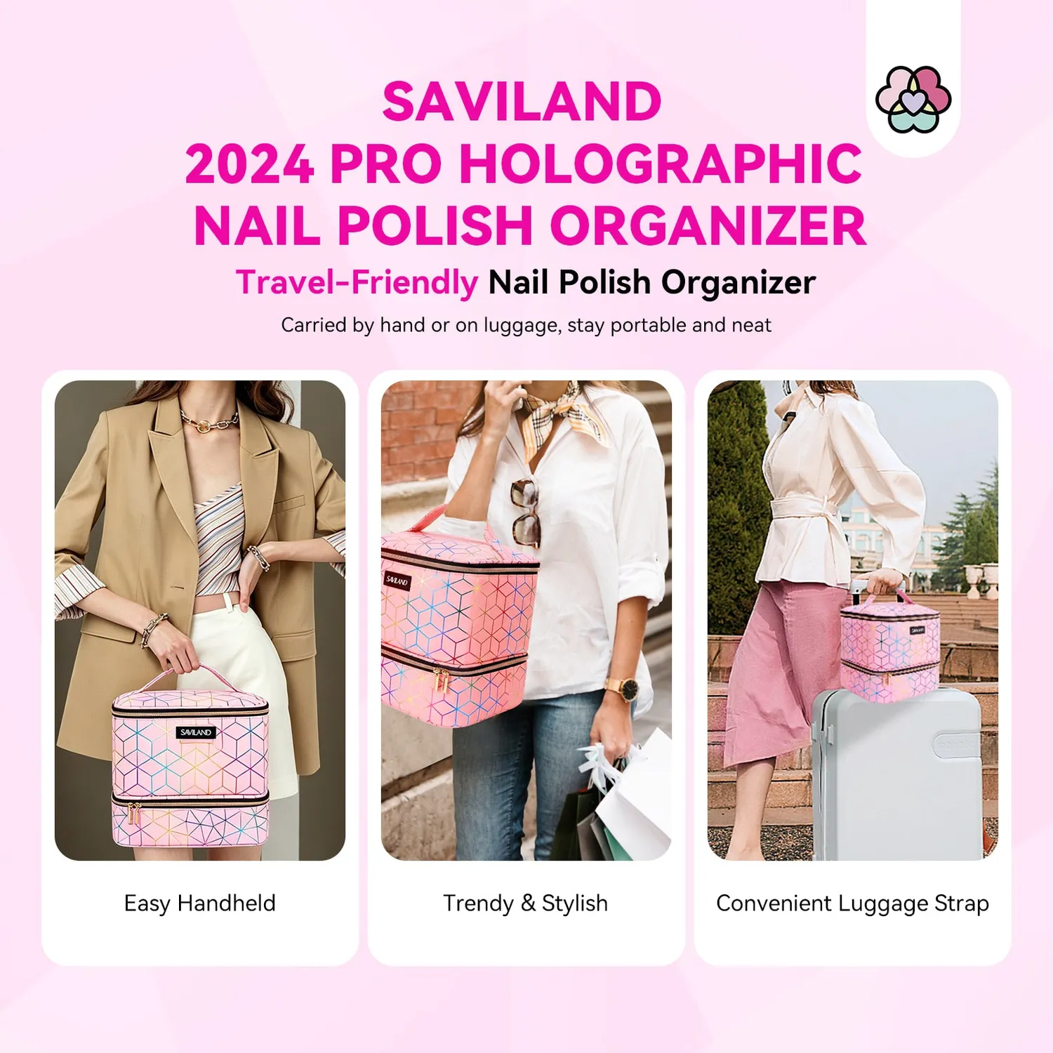 Saviland Organizer Borsa Smalti 30 Flaconi Rosa Olografico Impermeabile