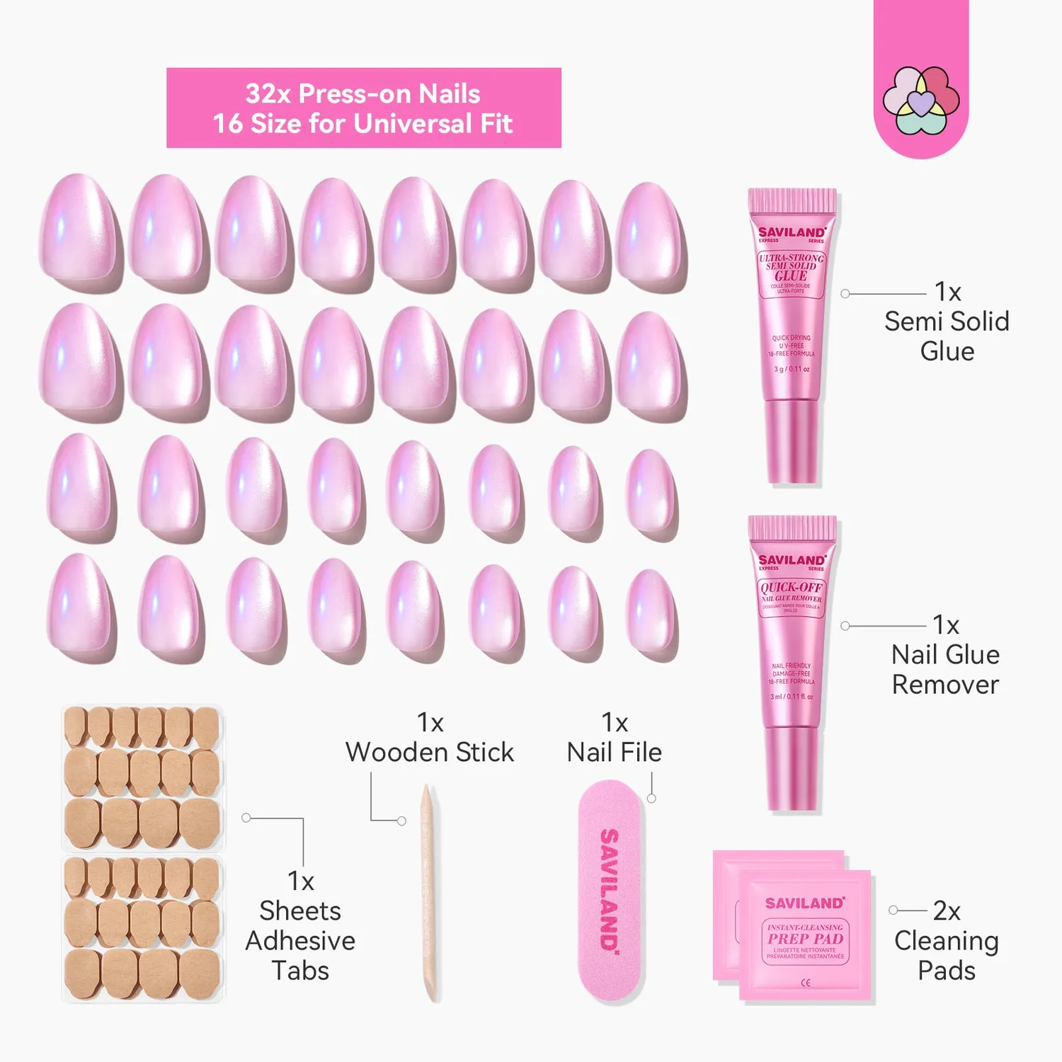 Saviland Cat Eye unghie finte mandorla extra corta rosa 32 pz
