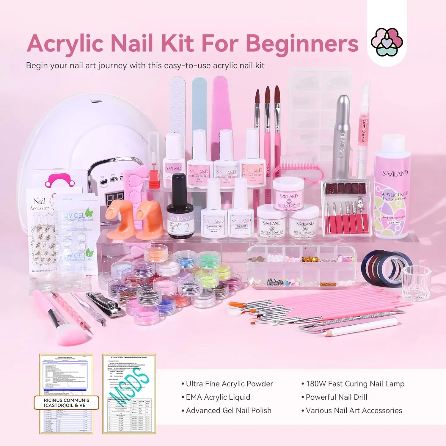 Saviland Kit Unghie Acrilico con Lampada e Fresa completo